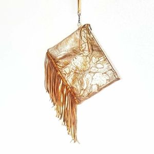 Totem Salvaged coppery gold fringe clutch